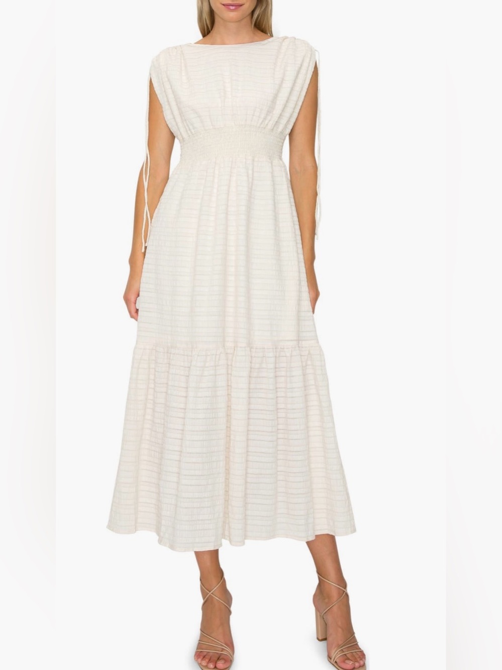 MELLODAY Textured Smocked-Waist Tiered Midi Dress NWOT in Cream